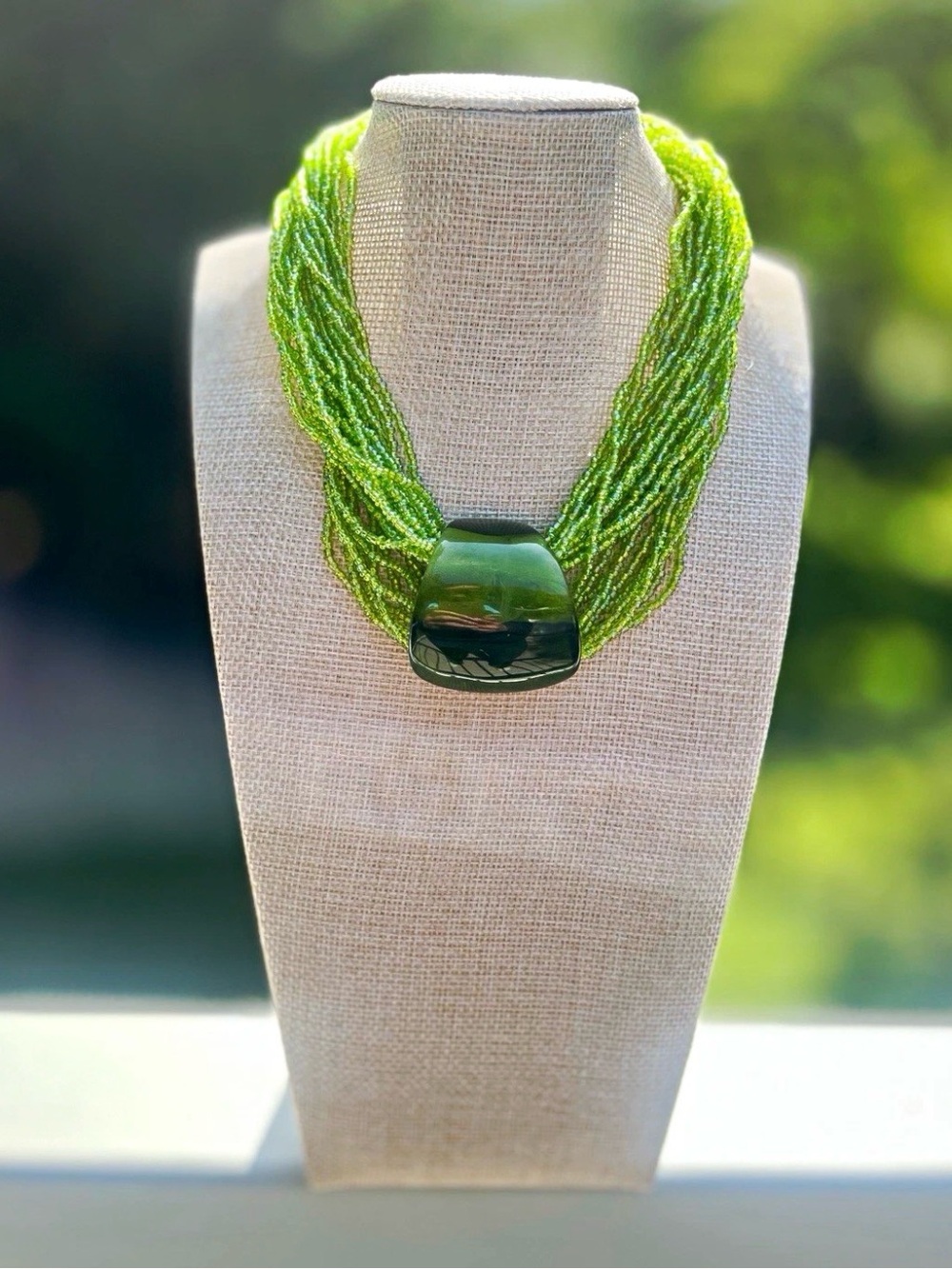 Vintage Lime Green Multi-Strand Beaded Necklace with Central Green Pendant